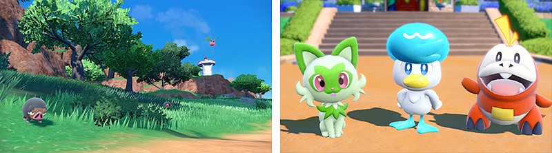 ポケットモンスター スカーレット/バイオレットのゲームプレイ画像。左が冒険シーン、右が3匹の御三家ポケモン。