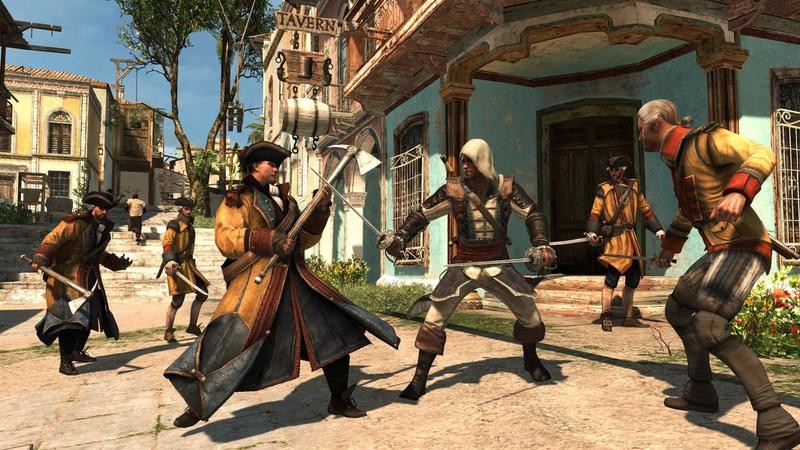 Assassin's Creed IV Black Flagのゲームプレイ画像。街中で主人公が複数の敵と戦闘している。