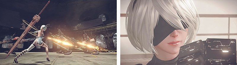 NieR:Automataのゲームプレイ画像。2Bの戦闘シーンと、キャラクターのアップ画像が並んでいる。