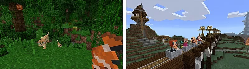 Minecraftのゲームプレイ画像。ジャングルバイオームと、村人たちが橋の上にいる風景が並んでいる。