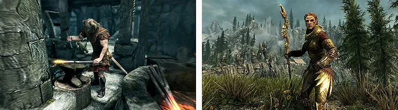 Skyrimのゲームプレイ画像。左は洞窟内での戦闘、右は森の中の魔法使いの姿が描かれている。