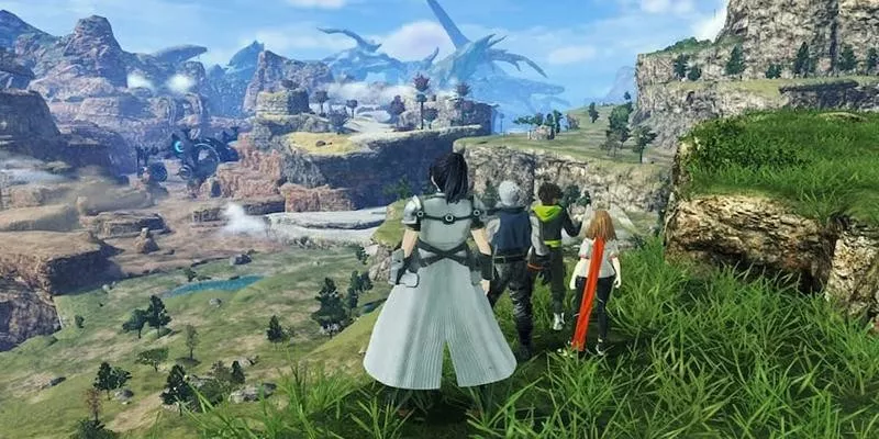 Xenoblade Chronicles 3の広大なフィールドを探索するキャラクターたちを背景にしたオープンワールドゲームの一場面。