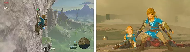 『ゼルダの伝説　ブレス オブ ザ ワイルド』ゲームプレイ画像。岩壁を登るリンクと、ゼルダを助けるリンクの場面。