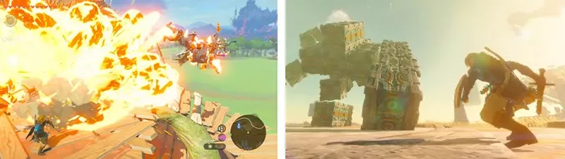 「ゼルダの伝説 ティアーズ オブ ザ キングダム」のゲームプレイ画像。炎の攻撃と巨大な敵との戦闘シーンを描いている。